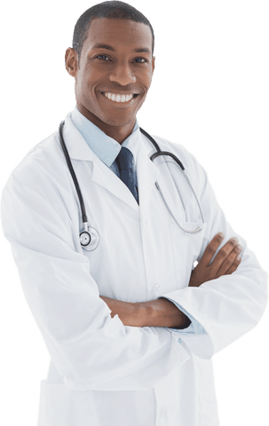 Confident doctor in white coat with stethoscope over transparent background