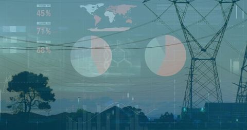 Visualizing smart grid analytics over high-voltage transmission towers and power lines at dusk