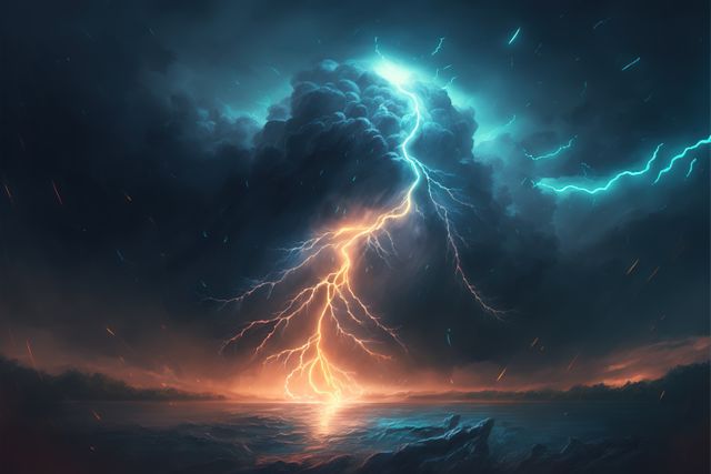 Powerful Lightning Striking Over Ocean at Twilight - Download Free Stock Images Pikwizard.com