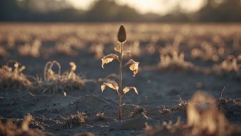Solitary dried plant on drought-affected earth highlighting nature's resilience