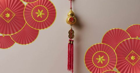 Chinese new year festive pattern with red decor and golden ornaments