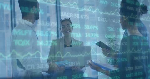 Business Team Discussing Stock Market Data in Modern Office