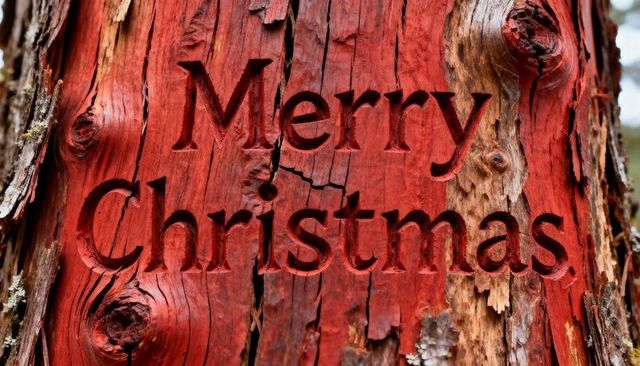 Merry christmas carving on weathered red tree trunk closeup rustic holiday wood texture