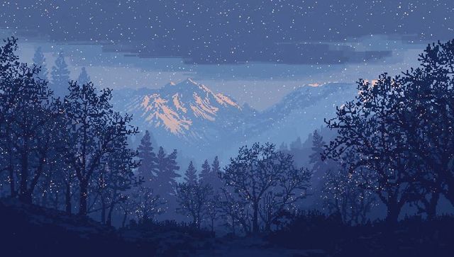 Glowing alpenglow over snow-capped peak and pine forest silhouettes at twilight