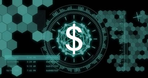Revolving digital dollar symbol on futuristic hud with blockchain network and hex grid