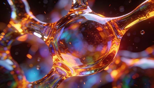 Glowing translucent molecular node emitting molten orange light with glassy tubular arms
