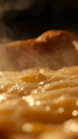 Vertical close-up of beaten eggs sizzling and bubbling in hot frying pan with rising steam