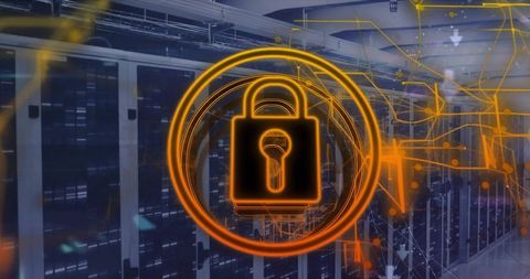 Securing Data Center with Glowing Padlock Overlay and Network Circuitry Visualization