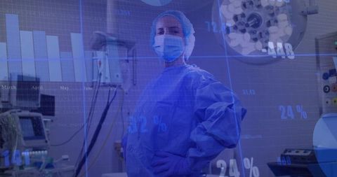 Confident Surgeon in Operating Room with High-Tech Visual Overlays