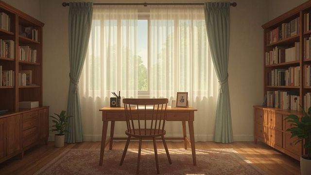 Cozy home study with wooden desk and natural light