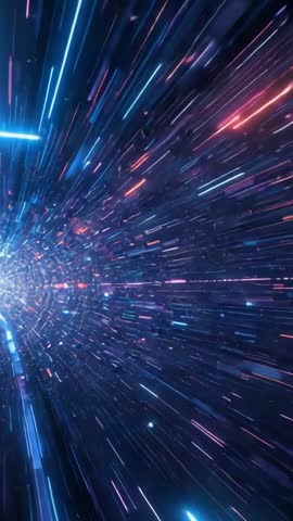 Vertical Warp-Speed Tunnel Travel with Neon Light Streaks and Dynamic Particle Burst