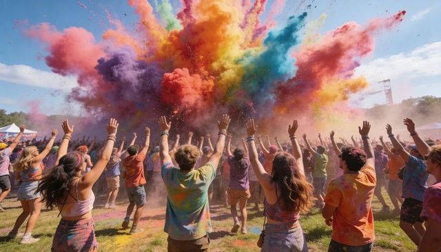 Color festival crowd celebrating with exploding rainbow powder in outdoor summer event