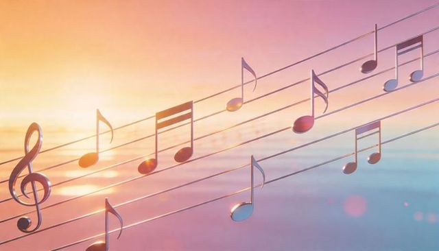 Sunrise music staff with metallic treble clef and glossy notes gliding across pastel sky