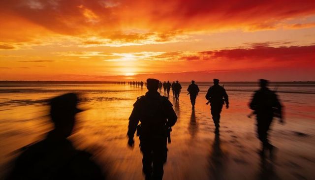 Soldiers marching across wet beach toward low sun at fiery horizon, silhouette formation