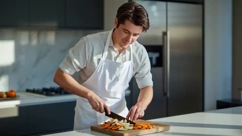 Young Chef Chops Vegetables in Modern Kitchen with Natural Light