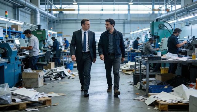 Executive walking factory floor with engineer discussing production plans and workflow