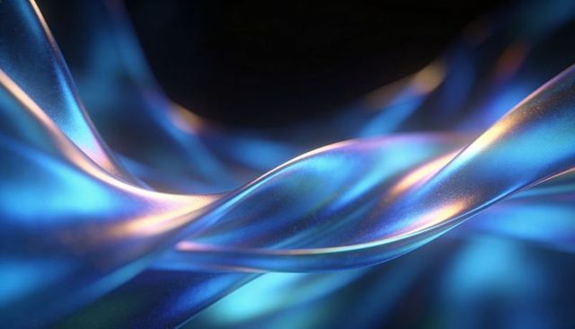 Flowing iridescent ribbon waves glinting in cyan violet gold with pearl sheen
