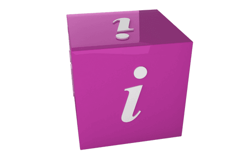 Transparent purple information icon on cube