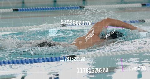 Competitive Swimmer Executing Freestyle Stroke with Digital Metrics Overlay