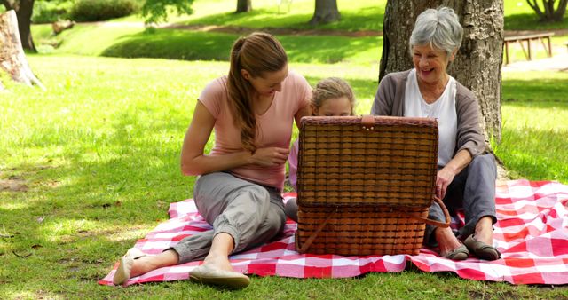 Three women of different generations sitting on a red and white checkered blanket in a park, enjoying a picnic. This can be used for family time, bonding, outdoors activities or summer moments themes.