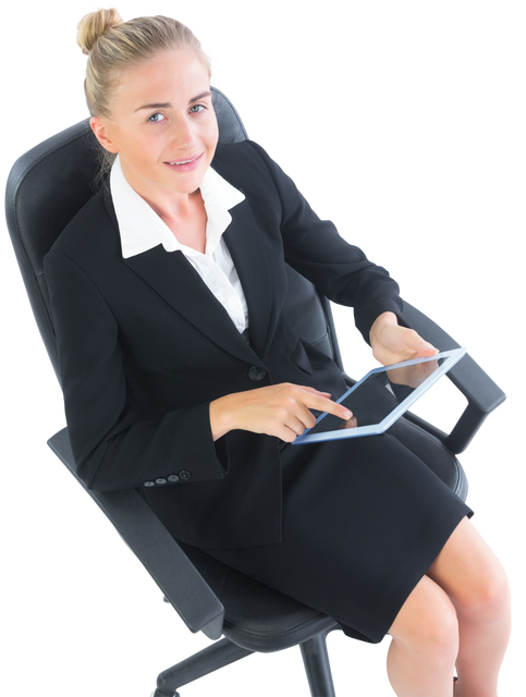 Transparent Blond Businesswoman Smiling and Using Tablet on Office Chair - Download Free Stock Videos Pikwizard.com