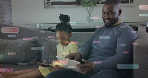 Father and daughter using tablet and smartphone on sofa with augmented ui overlays