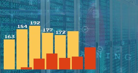 Abstract network with data statistics in server room background
