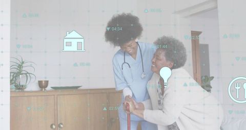 Assisting nurse guiding senior with cane in smart-home care using digital monitoring