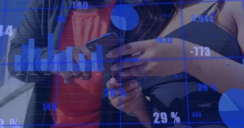 Colleagues reviewing mobile dashboard with charts, percent metrics and collaborative analysis