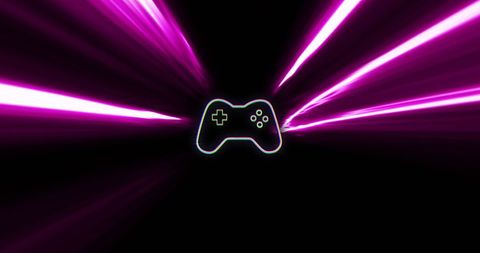 Neon game controller icon with vibrant light trails