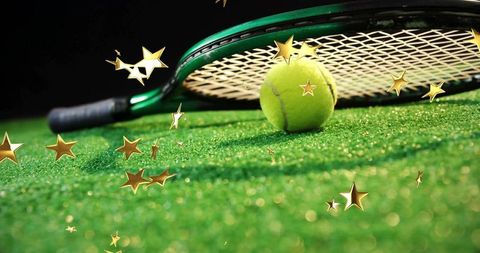 Tennis Racket and Ball Sparkle on Turf with Golden Stars