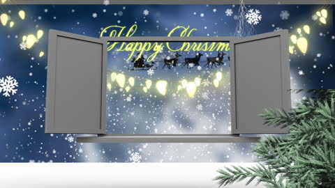 Open Window to Santa Sleigh and Christmas Message in Snowy Night