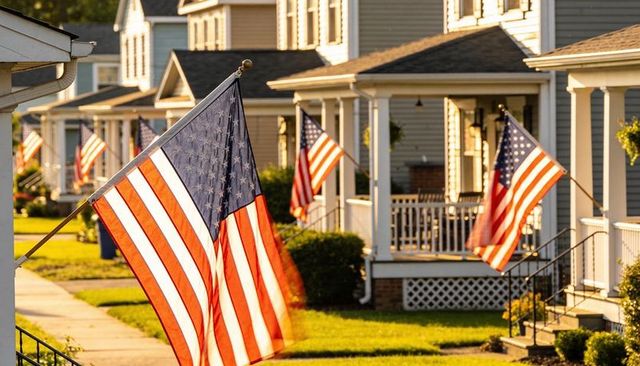 American flags waving along suburban porches during golden hour neighborhood display