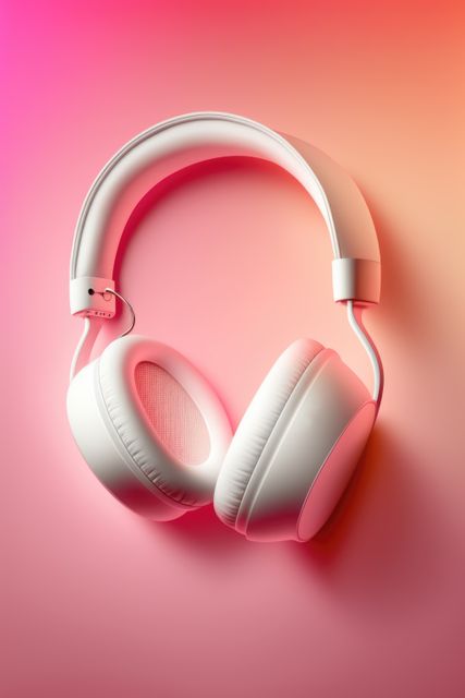 Close up of white headphones on colorful background created using generative ai technology. Technology and music concept digitally generated image.
