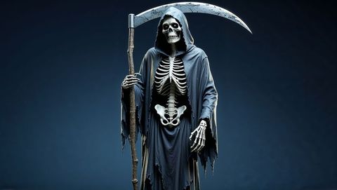 Dark fantasy grim reaper with scythe and hooded cloak
