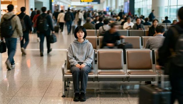Asian woman waiting in busy airport terminal wearing gray hoodie and jeans solo traveler