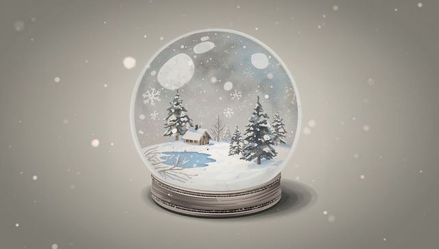 Glass snow globe with winter cabin diorama, pine trees and frozen pond on metal base