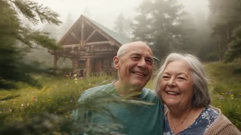 Moving camera revealing senior couple smiling in foggy forest meadow with rustic cabin