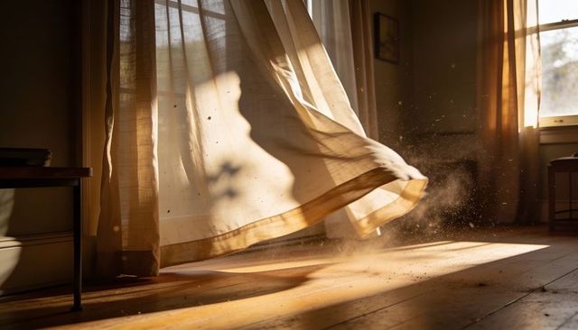 Billowing sheer curtain in sunlit room, dust motes dancing in golden rays
