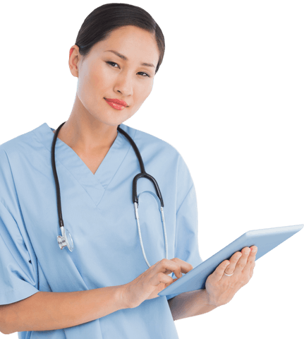 Confident asian female doctor with digital tablet on transparent background