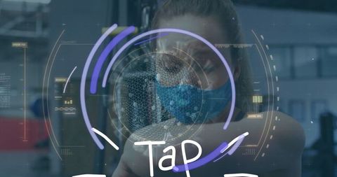 Woman Wearing Face Mask with Digital Data Interface Overlay