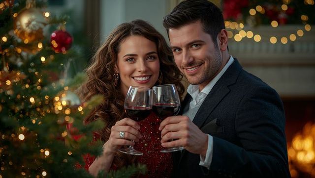Festive Couples Toast in Winter Holiday Living Room