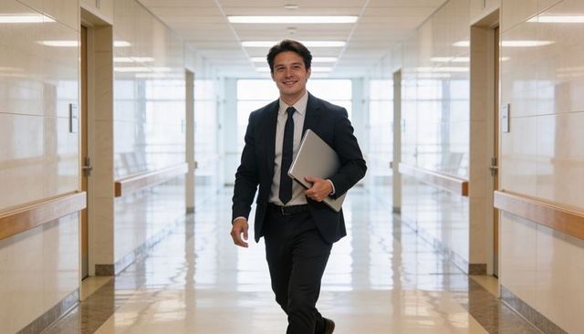 Confident business executive walking hallway carrying laptop smiling professional