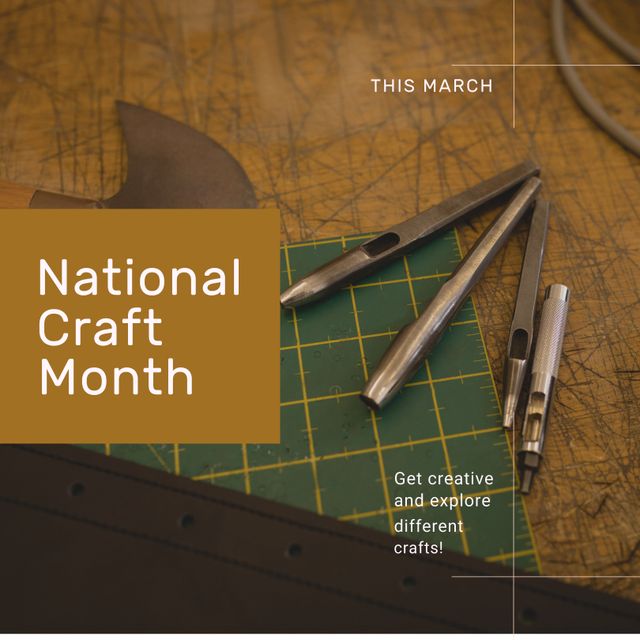 Close-up view of craft tools on a workshop table, promoting National Craft Month in March. The text encourages creative exploration with different crafts. Ideal for promoting craft stores, workshops, DIY blogs, and educational resources on crafting.