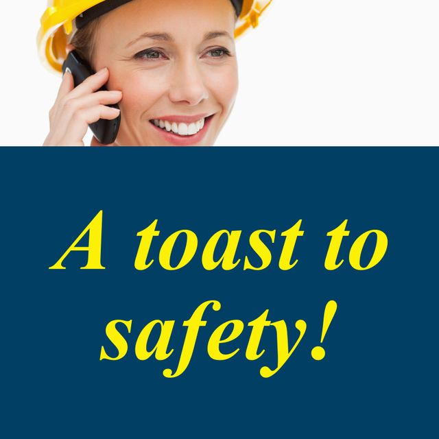 Happy Female Engineer on Call with Safety Message Overlay - Download Free Stock Templates Pikwizard.com