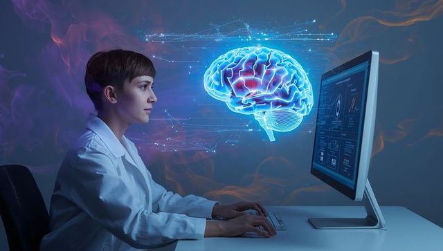 Female scientist analyzing holographic brain model in research lab