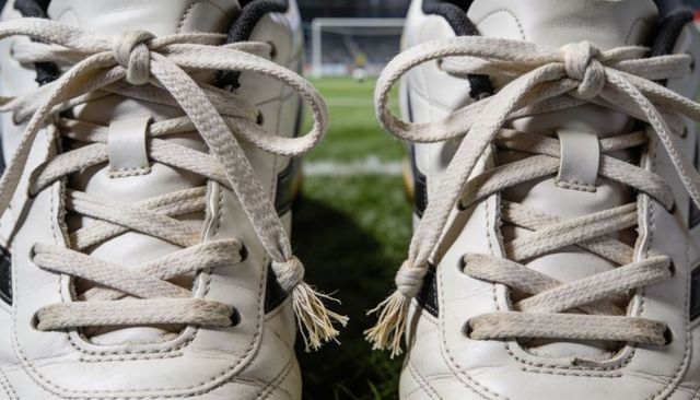 Close-up white leather sneakers featuring frayed shoelaces on grass pitch with stadium goal