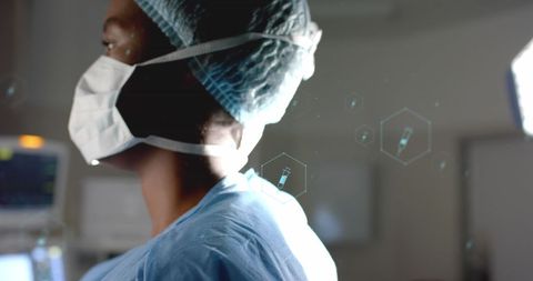 Rear View of Surgeon in OR with Digital Medical Graphics Overlay