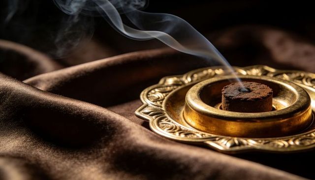 Smoldering incense cone in ornate brass holder on brown satin with curling smoke