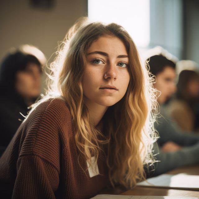 Thoughtful Student in Classroom with Piercing and Long Hair - Download Free Stock Images Pikwizard.com